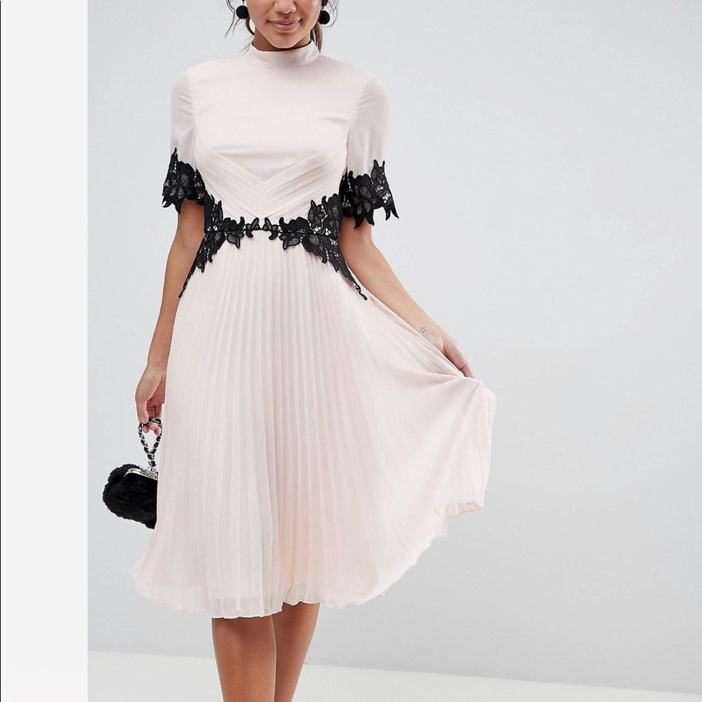 ASOS Pink Lace Waist and Cuff Pleated Midi Dress